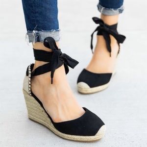 Tie Up Wedge Espadrilles in Black